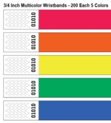 3/4 Inch Multicolor Wristbands - 200 Each 5 Colors 